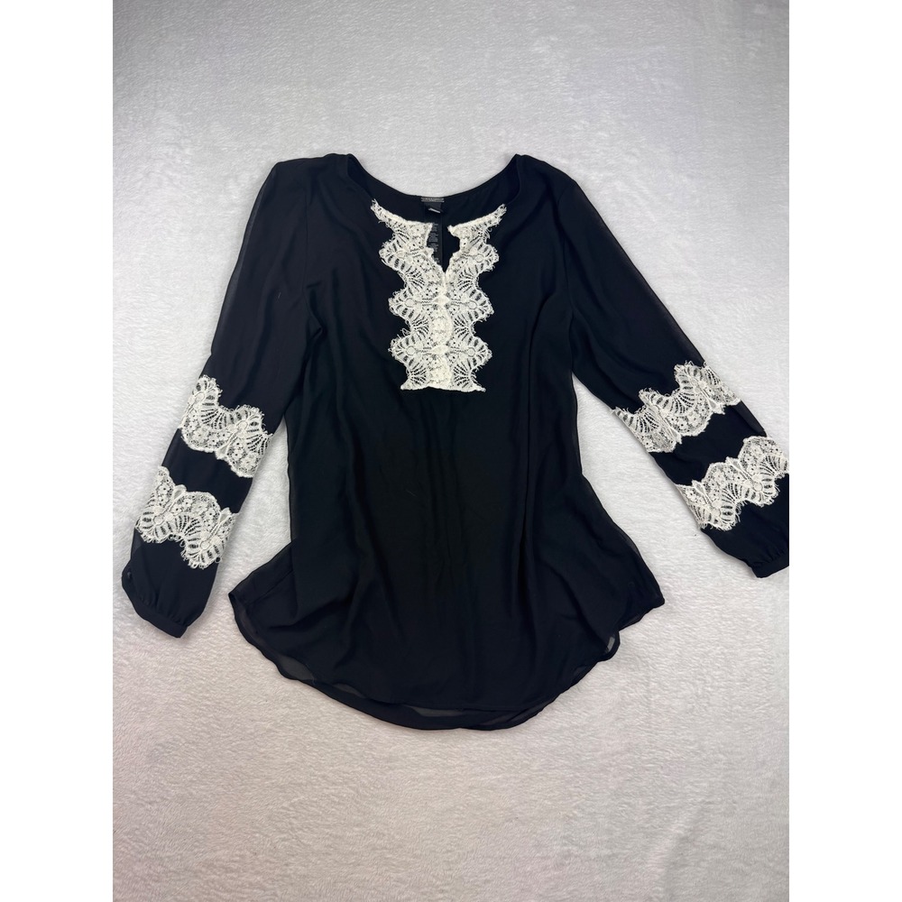 Black Label by Chicos Lace Inset Blouse Black White Long Sleeve Sheer Top Size 1